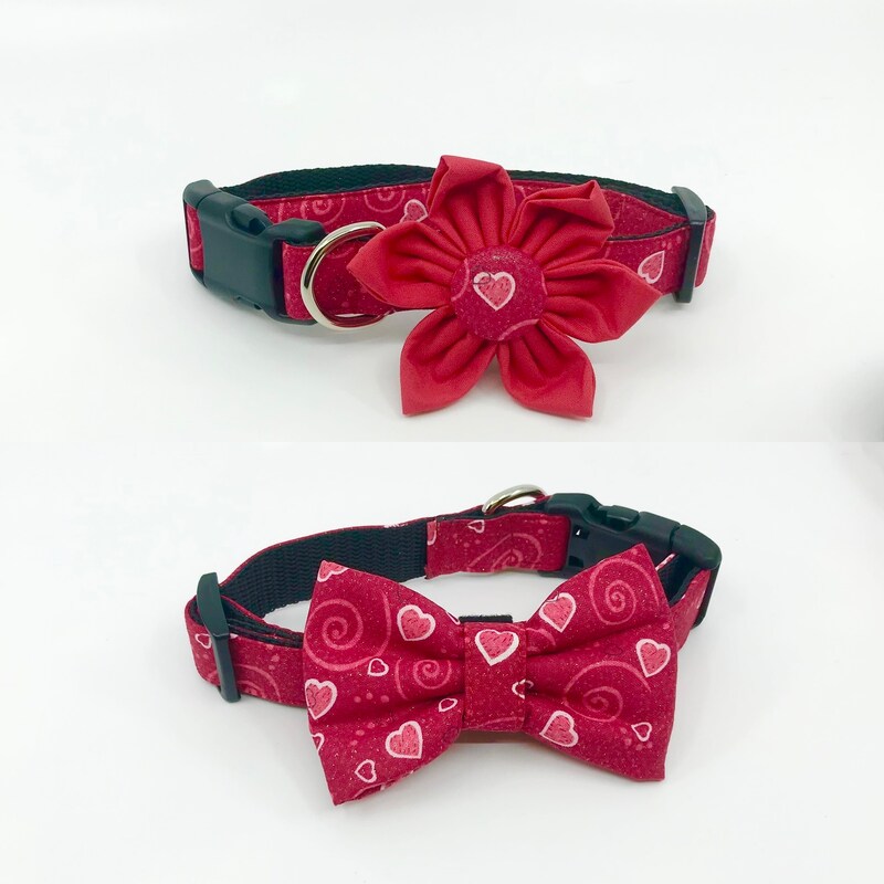 Valentines Day Dog Collar With Optional Flower Or Bow Tie Red Sparkly Hearts Adjustable Pet Collar Sizes XS, S, M, L, XL